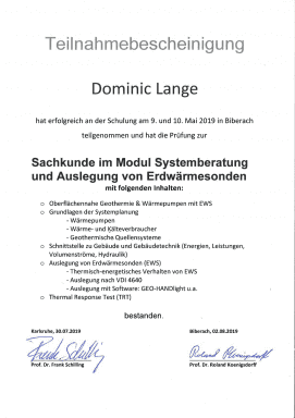 Bescheinigung Systemberatung und Auslegung von Erdwärmesonden | Dominic Lange