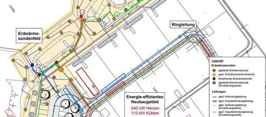 Kaltes Nahwärmenetz mit zentralem Erdwärmesondenfeld